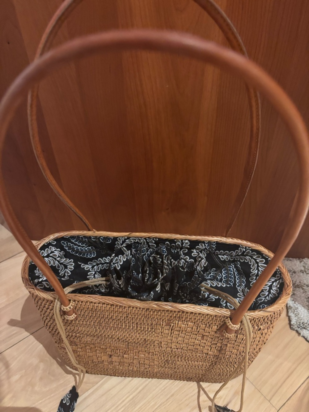 Woven Rattan Tote Bag with Black and Blue Batik Print Drawstring Liner - Picture 4 of 10